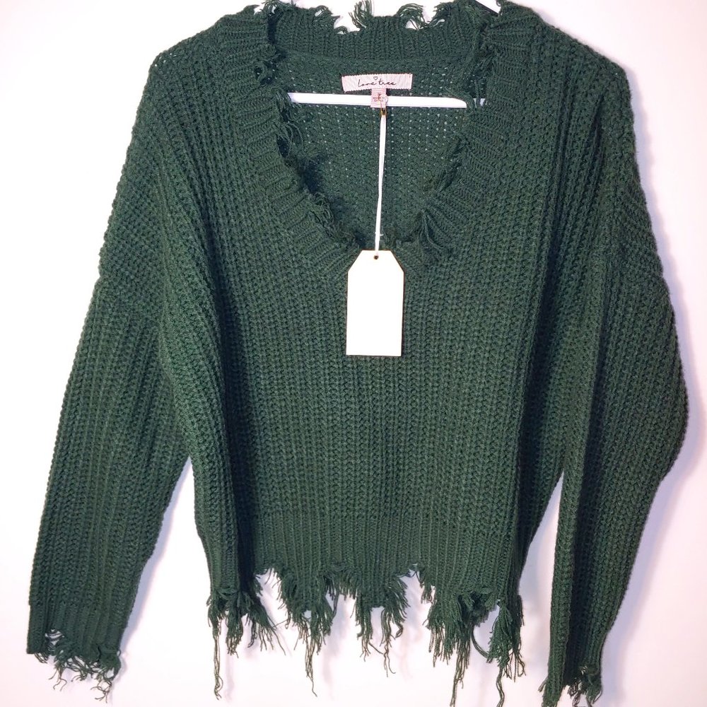 Love Tree Distressed Fringe Cropped Knit  V-Neck Sweater Size M Forest Green